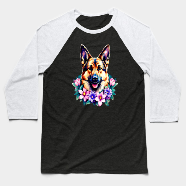 German Shepherd Dog Surrounded by Beautiful Spring Flowers Baseball T-Shirt by BirdsnStuff