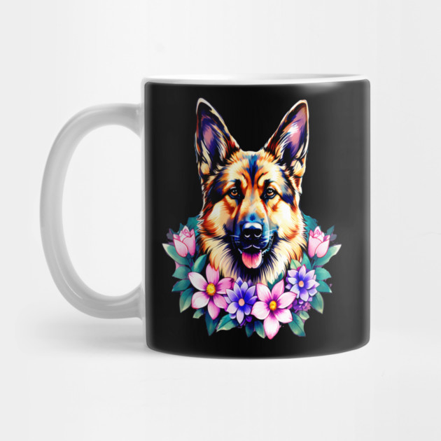 German Shepherd Dog Surrounded by Beautiful Spring Flowers by BirdsnStuff