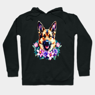 German Shepherd Dog Surrounded by Beautiful Spring Flowers Hoodie