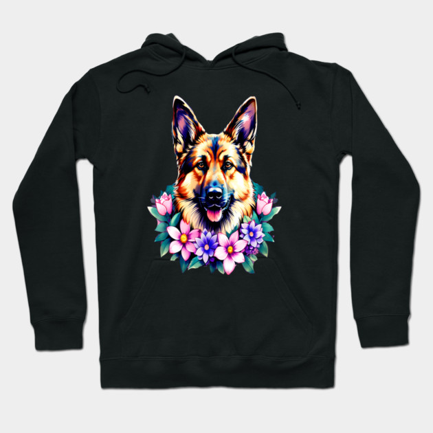 German Shepherd Dog Surrounded by Beautiful Spring Flowers Hoodie by BirdsnStuff