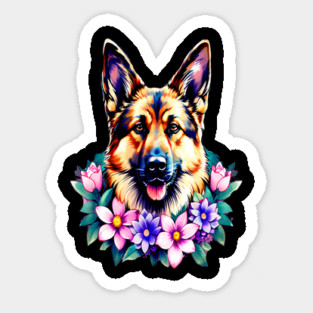 German Shepherd Dog Surrounded by Beautiful Spring Flowers Sticker