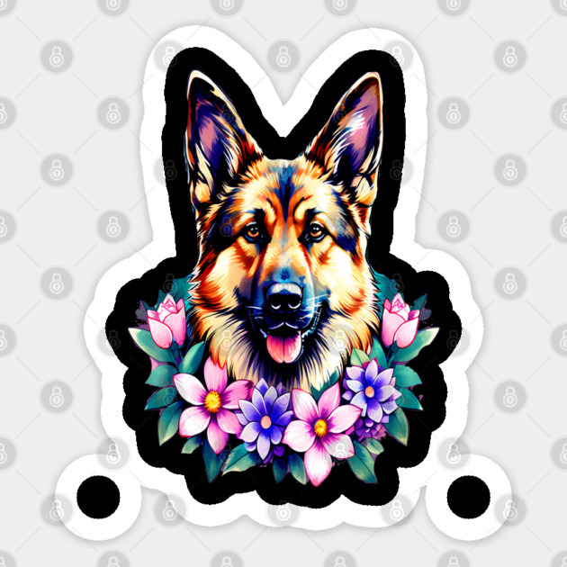 German Shepherd Dog Surrounded by Beautiful Spring Flowers Sticker by BirdsnStuff