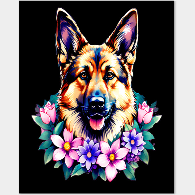 German Shepherd Dog Surrounded by Beautiful Spring Flowers Wall Art by BirdsnStuff