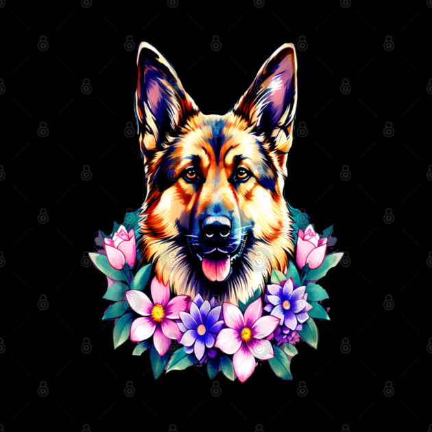 German Shepherd Dog Surrounded by Beautiful Spring Flowers by BirdsnStuff