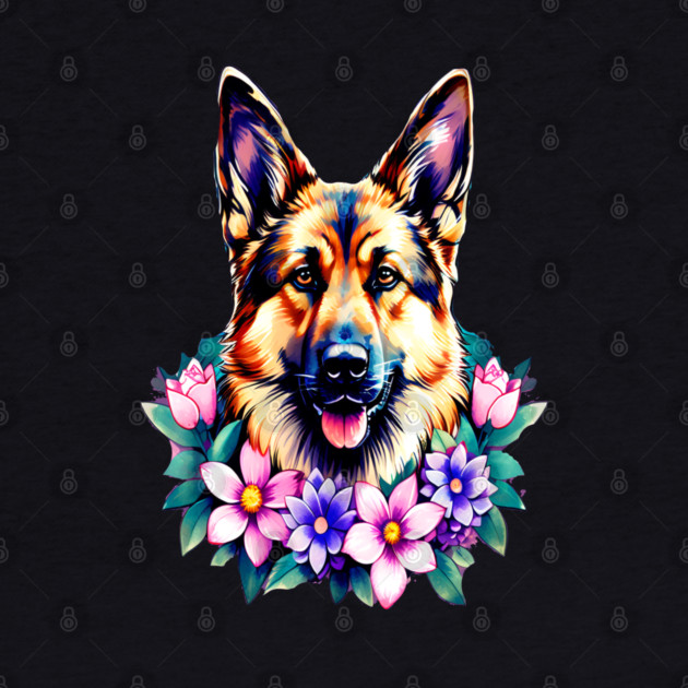 German Shepherd Dog Surrounded by Beautiful Spring Flowers by BirdsnStuff