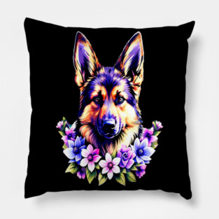 German Sheperd Dog Surrounded by Beautiful Spring Flowers Pillow