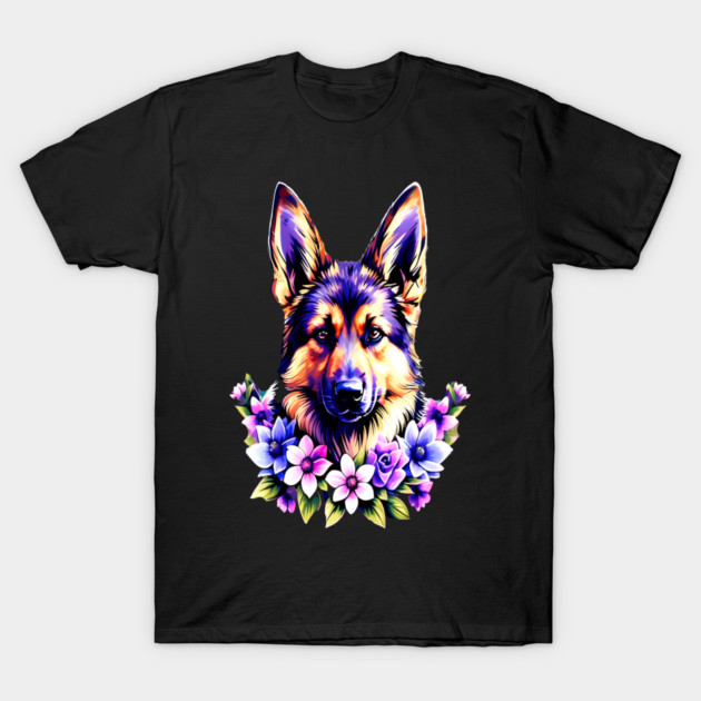German Sheperd Dog Surrounded by Beautiful Spring Flowers T-Shirt by BirdsnStuff