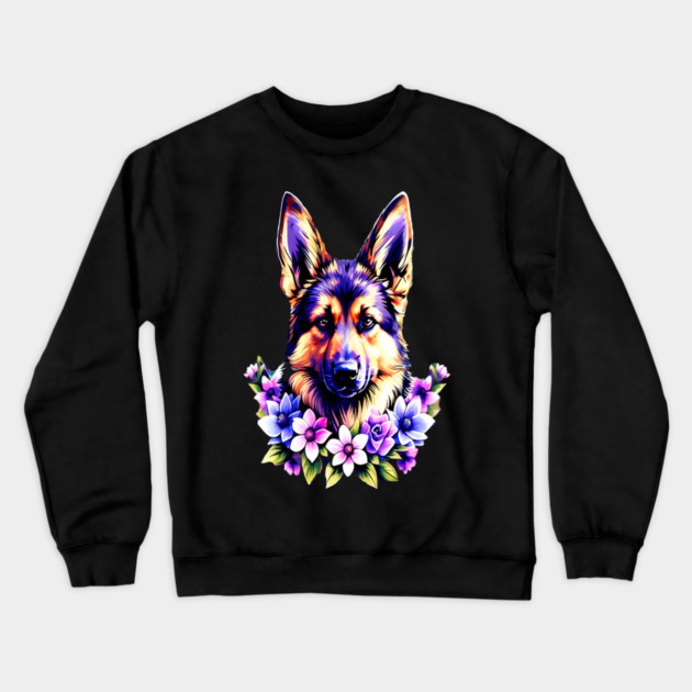 German Sheperd Dog Surrounded by Beautiful Spring Flowers Crewneck Sweatshirt by BirdsnStuff