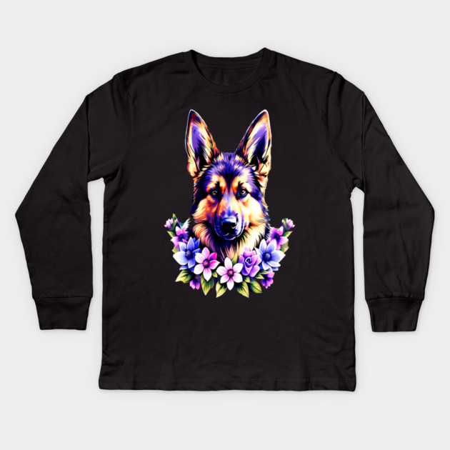 German Sheperd Dog Surrounded by Beautiful Spring Flowers Kids Long Sleeve T-Shirt by BirdsnStuff
