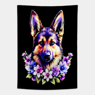 German Sheperd Dog Surrounded by Beautiful Spring Flowers Tapestry
