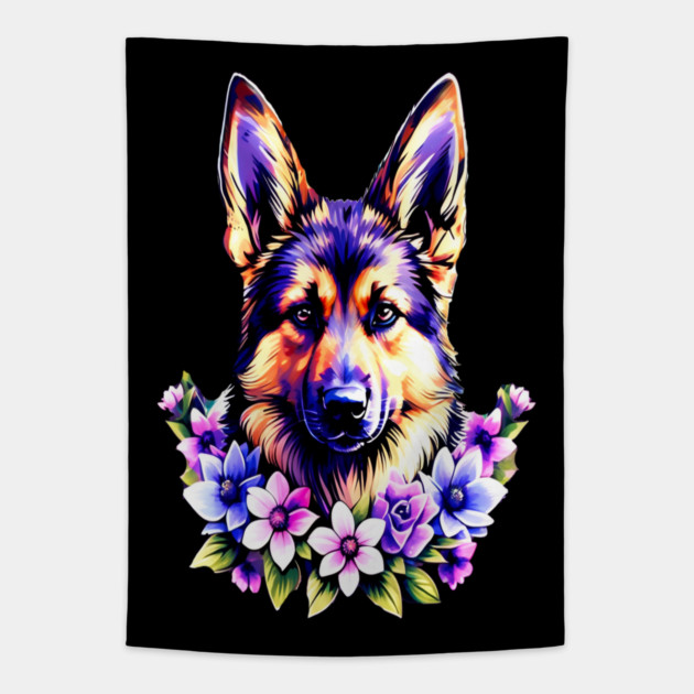 German Sheperd Dog Surrounded by Beautiful Spring Flowers Tapestry by BirdsnStuff
