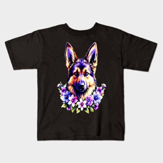 German Sheperd Dog Surrounded by Beautiful Spring Flowers Kids T-Shirt by BirdsnStuff