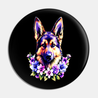 German Sheperd Dog Surrounded by Beautiful Spring Flowers Pin
