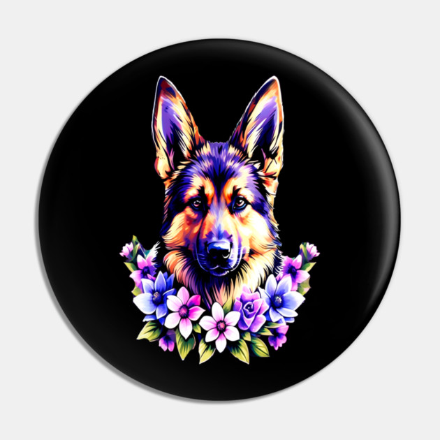 German Sheperd Dog Surrounded by Beautiful Spring Flowers Pin by BirdsnStuff