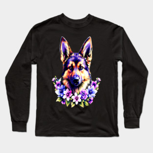 German Sheperd Dog Surrounded by Beautiful Spring Flowers Long Sleeve T-Shirt