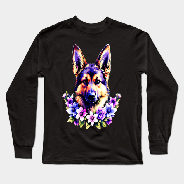German Sheperd Dog Surrounded by Beautiful Spring Flowers Long Sleeve T-Shirt by BirdsnStuff
