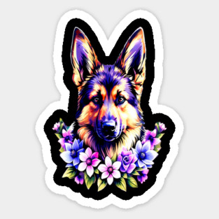 German Sheperd Dog Surrounded by Beautiful Spring Flowers Sticker