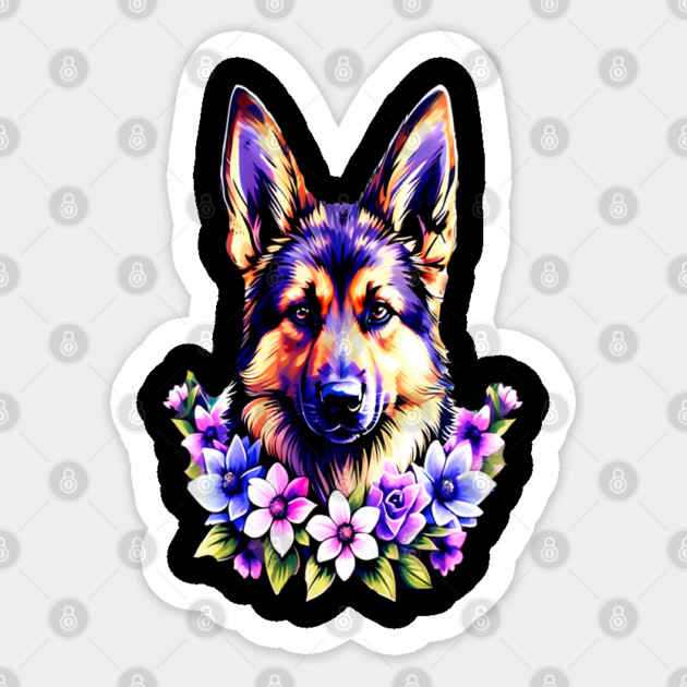 German Sheperd Dog Surrounded by Beautiful Spring Flowers Sticker by BirdsnStuff