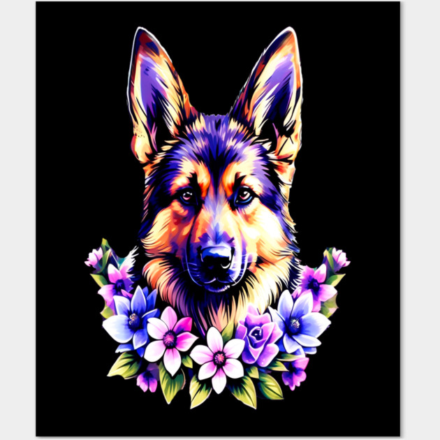 German Sheperd Dog Surrounded by Beautiful Spring Flowers Wall Art by BirdsnStuff