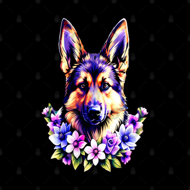 German Sheperd Dog Surrounded by Beautiful Spring Flowers by BirdsnStuff