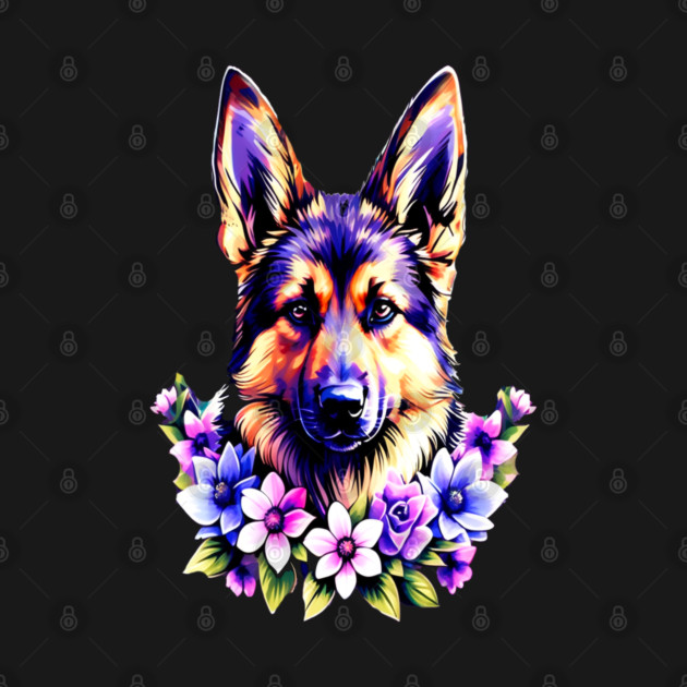 German Sheperd Dog Surrounded by Beautiful Spring Flowers by BirdsnStuff