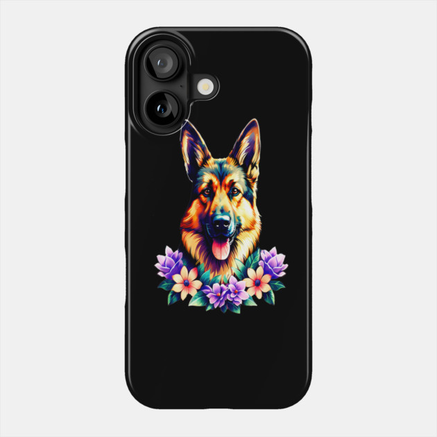 German Shepherd Dog Surrounded by Beautiful Spring Flowers Phone Case by BirdsnStuff