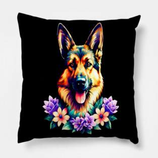 German Shepherd Dog Surrounded by Beautiful Spring Flowers Pillow
