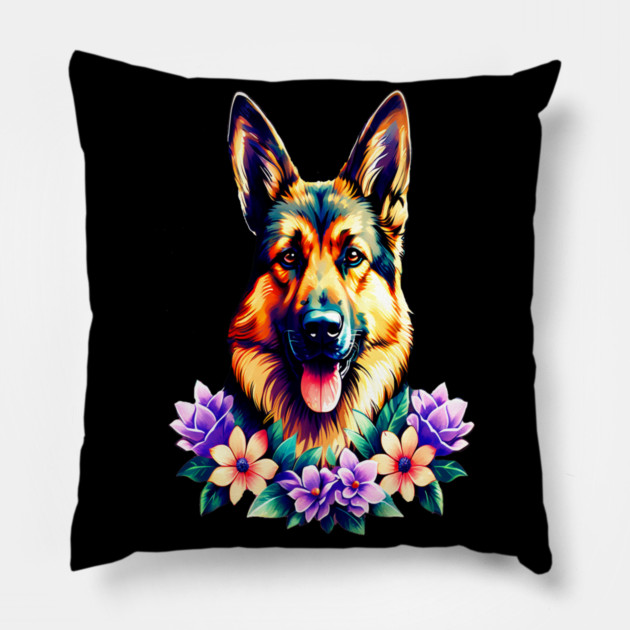 German Shepherd Dog Surrounded by Beautiful Spring Flowers Pillow by BirdsnStuff
