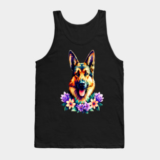German Shepherd Dog Surrounded by Beautiful Spring Flowers Tank Top