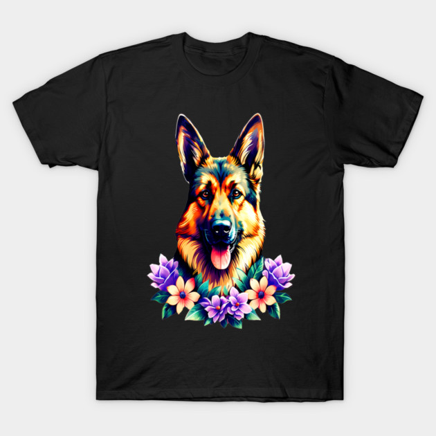 German Shepherd Dog Surrounded by Beautiful Spring Flowers T-Shirt by BirdsnStuff
