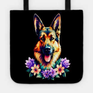 German Shepherd Dog Surrounded by Beautiful Spring Flowers Tote