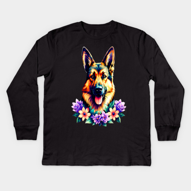 German Shepherd Dog Surrounded by Beautiful Spring Flowers Kids Long Sleeve T-Shirt by BirdsnStuff