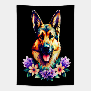 German Shepherd Dog Surrounded by Beautiful Spring Flowers Tapestry