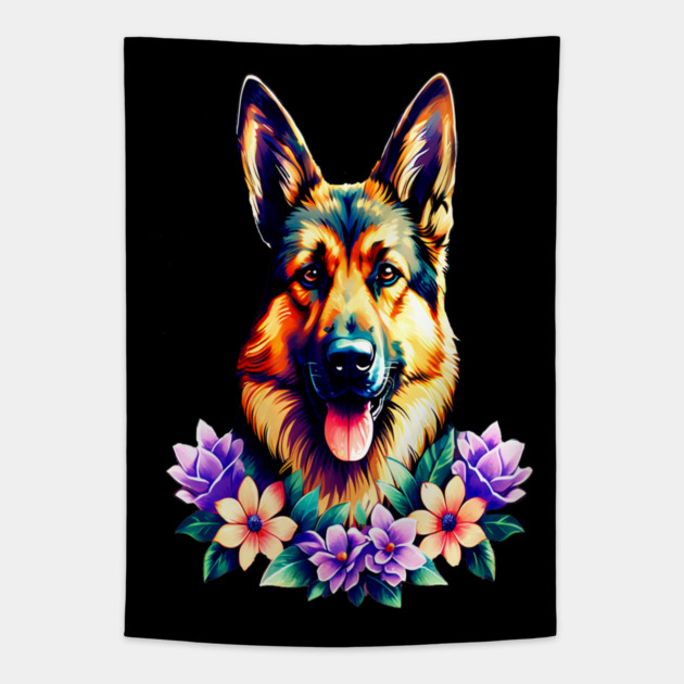 German Shepherd Dog Surrounded by Beautiful Spring Flowers Tapestry by BirdsnStuff