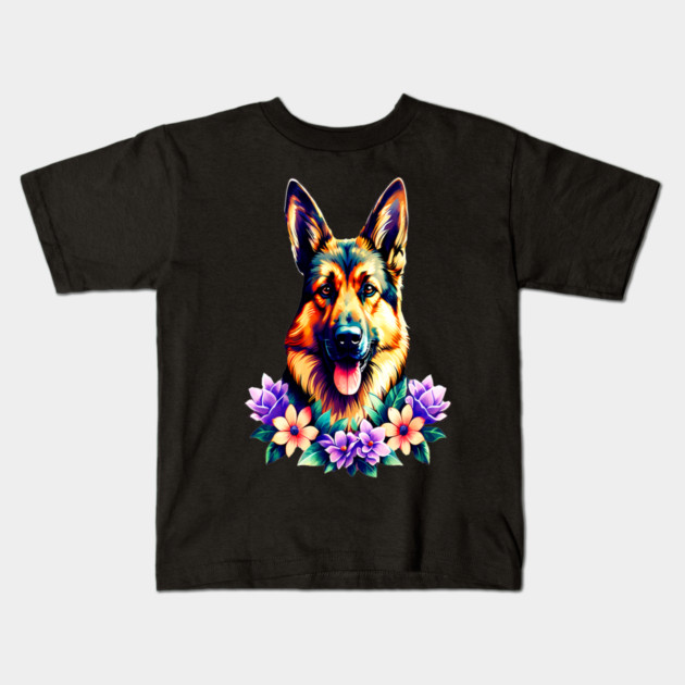 German Shepherd Dog Surrounded by Beautiful Spring Flowers Kids T-Shirt by BirdsnStuff