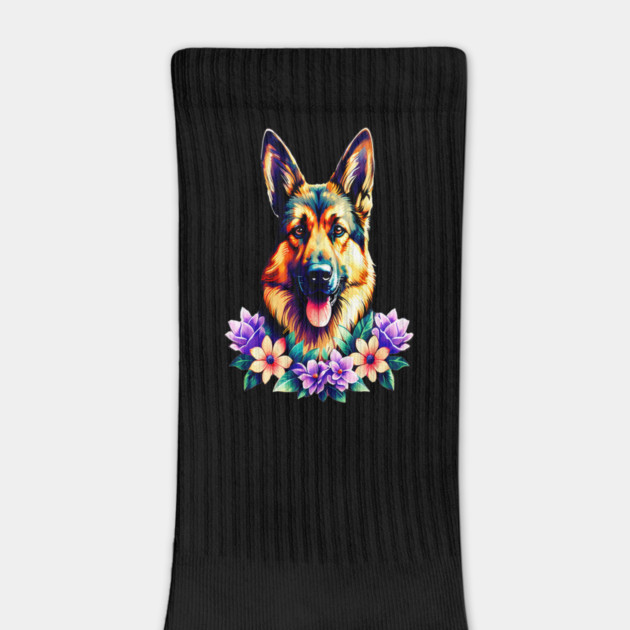 German Shepherd Dog Surrounded by Beautiful Spring Flowers by BirdsnStuff