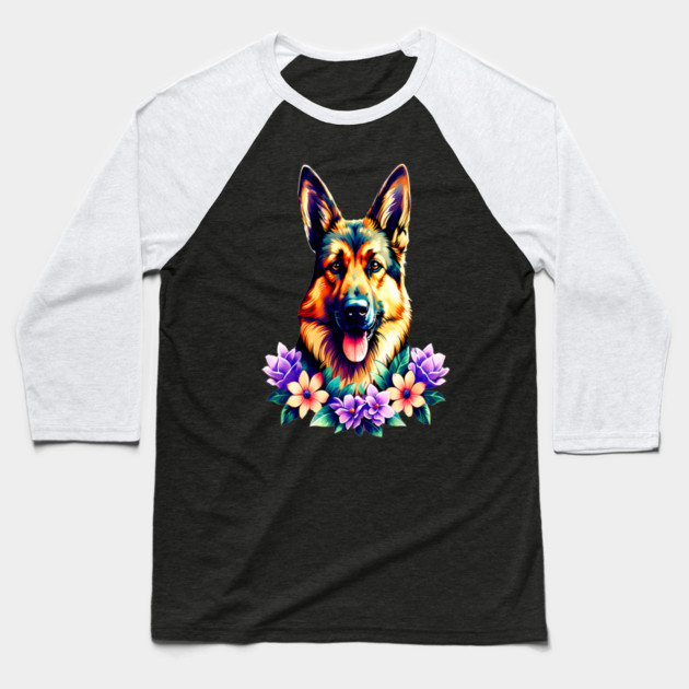 German Shepherd Dog Surrounded by Beautiful Spring Flowers Baseball T-Shirt by BirdsnStuff
