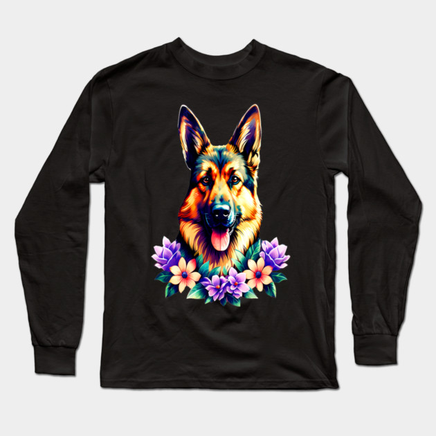 German Shepherd Dog Surrounded by Beautiful Spring Flowers Long Sleeve T-Shirt by BirdsnStuff