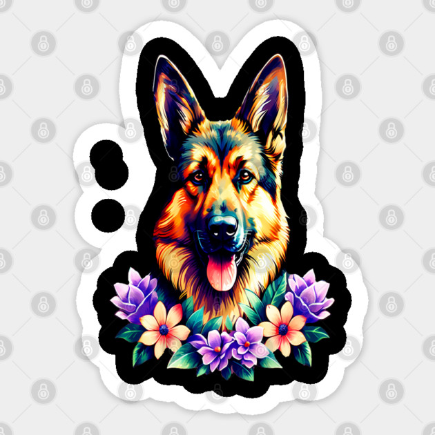 German Shepherd Dog Surrounded by Beautiful Spring Flowers Sticker by BirdsnStuff