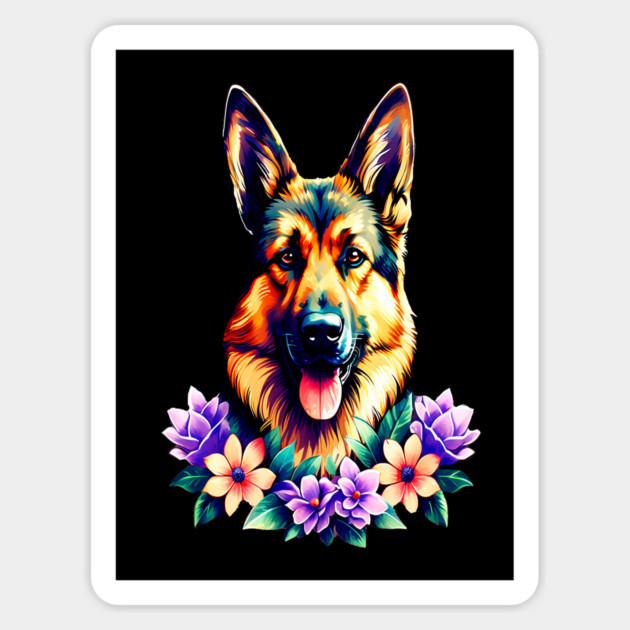 German Shepherd Dog Surrounded by Beautiful Spring Flowers Magnet by BirdsnStuff