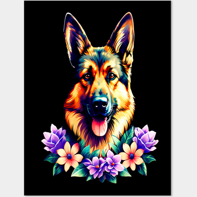 German Shepherd Dog Surrounded by Beautiful Spring Flowers Wall Art by BirdsnStuff