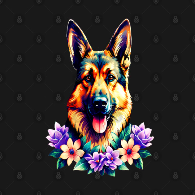 German Shepherd Dog Surrounded by Beautiful Spring Flowers by BirdsnStuff