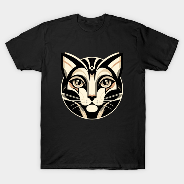 Geometric Art Deco Cat: Modernist Feline Portrait T-Shirt by KittyKanvas Creations
