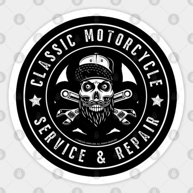 Classic Motorcycle Service & Repair Hipster Skull Sticker by Timeless Chaos