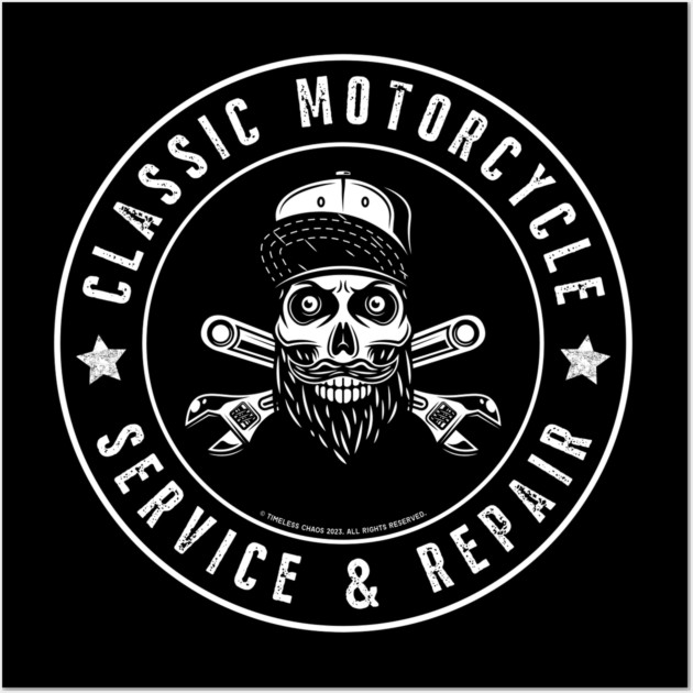 Classic Motorcycle Service & Repair Hipster Skull Wall Art by Timeless Chaos