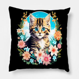Tiger Striped Kitten Surrounded by Spring Flowers Pillow