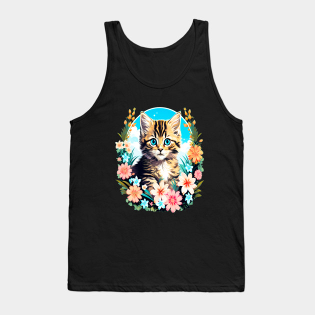 Tiger Striped Kitten Surrounded by Spring Flowers Tank Top by BirdsnStuff