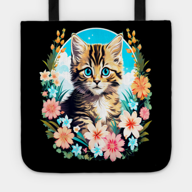 Tiger Striped Kitten Surrounded by Spring Flowers Tote by BirdsnStuff