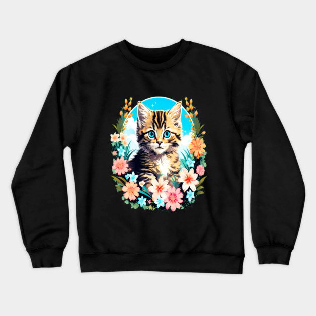 Tiger Striped Kitten Surrounded by Spring Flowers Crewneck Sweatshirt by BirdsnStuff