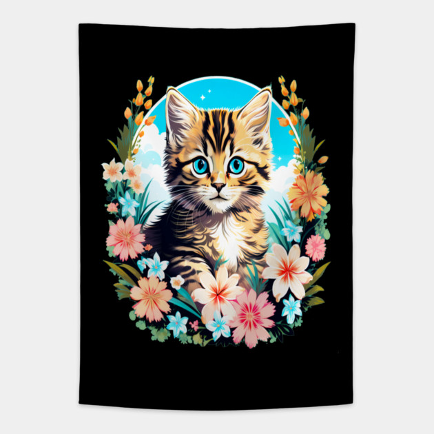 Tiger Striped Kitten Surrounded by Spring Flowers Tapestry by BirdsnStuff